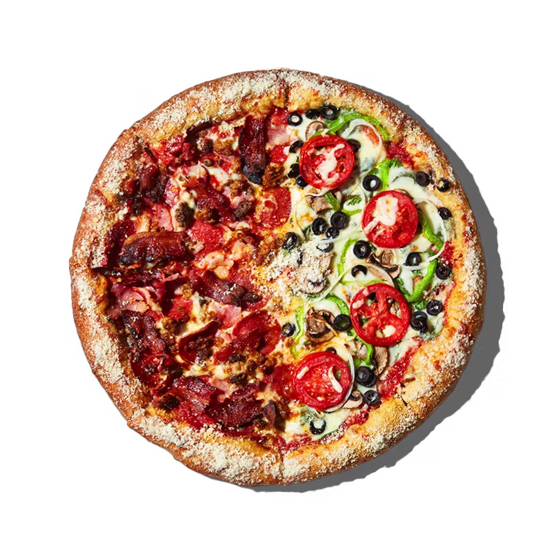 Mellow Mushroom Half and Half pizza — great for groups with different tastes